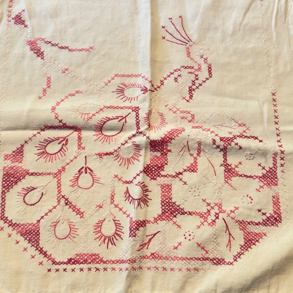 Vintage Handmade Peacock Table Runner Cross Stitch Embroidery Cottagecore Farm